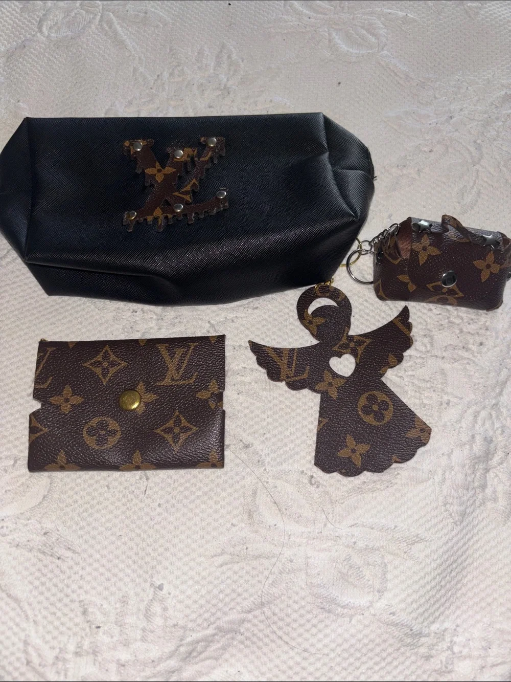 Upcycled Brown Monogram Keychain & Card Holder Set - Brown